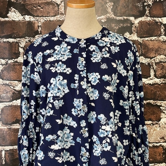 Michael Kors Blouse Top Shirt Womens XL Extra Large Blue Floral Button Peasant - Picture 7 of 14